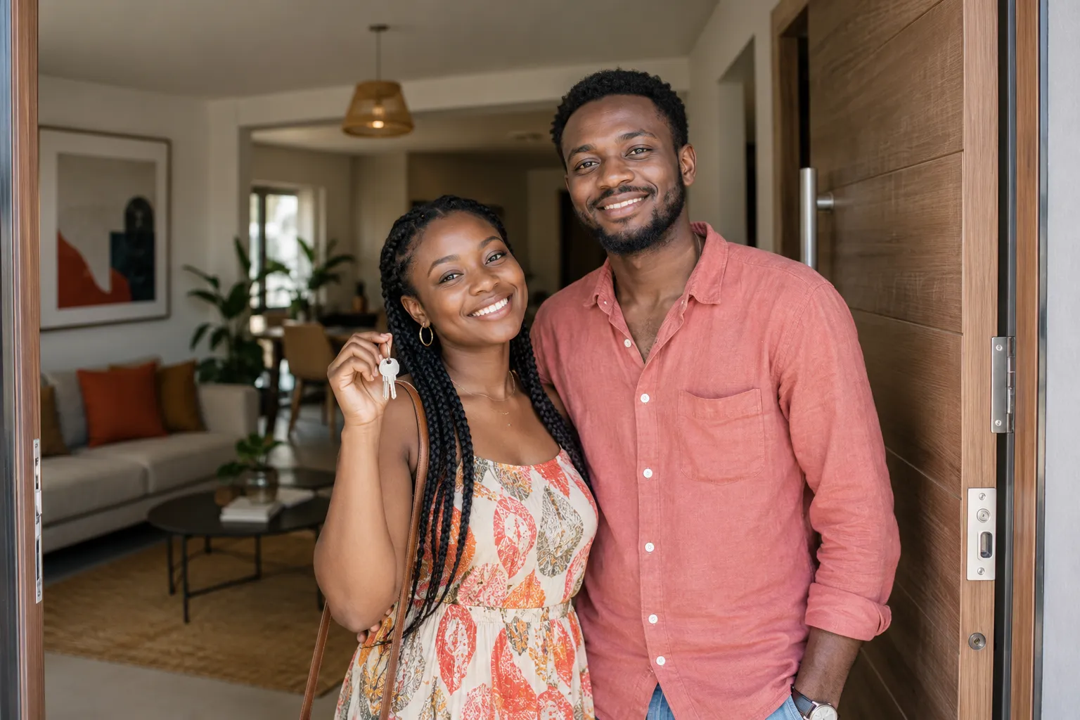 Un jeune couple sourit sur le seuil de son nouvel appartement, les clés en main