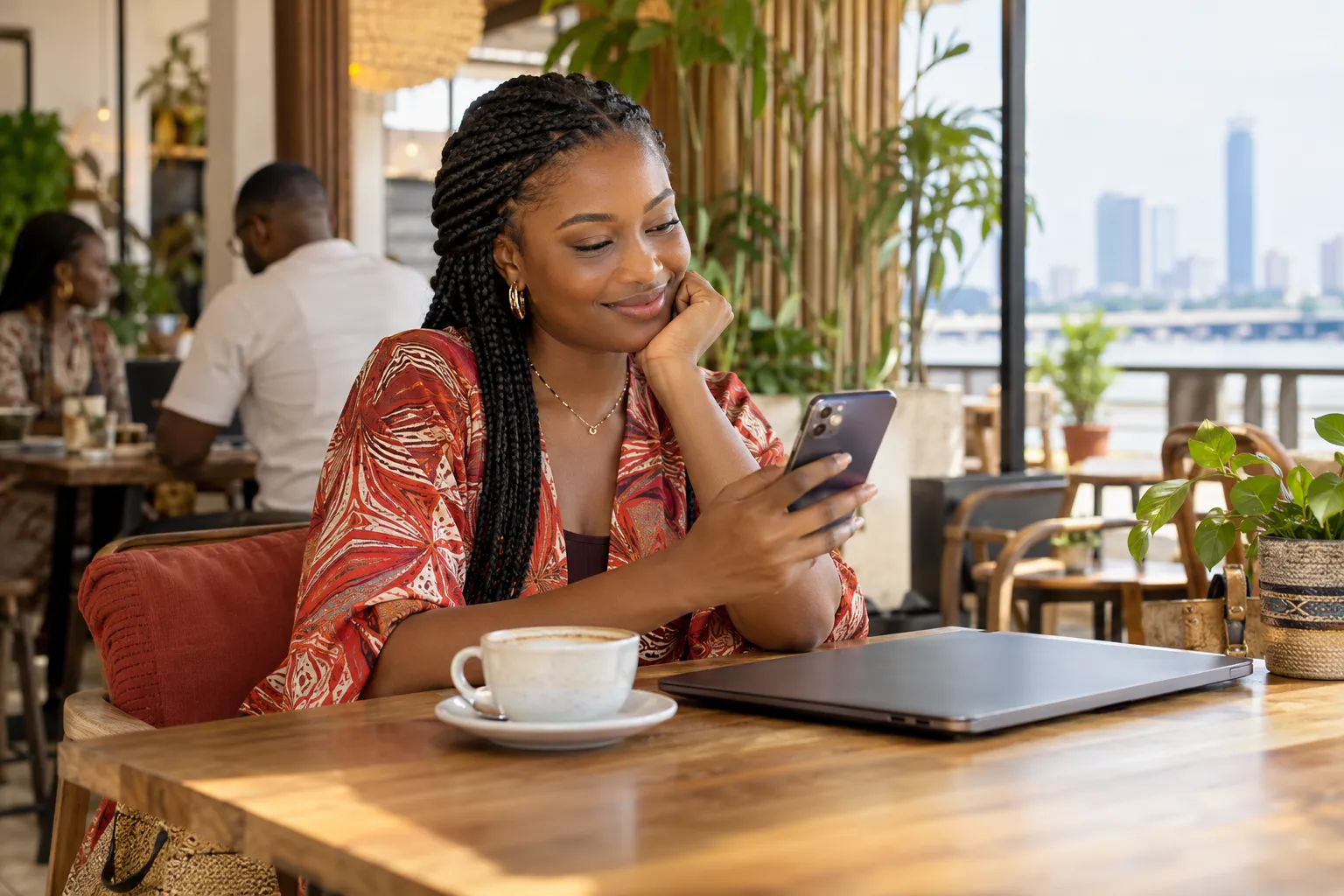 Une jeune femme cherche un logement sur son téléphone dans un café d'Abidjan